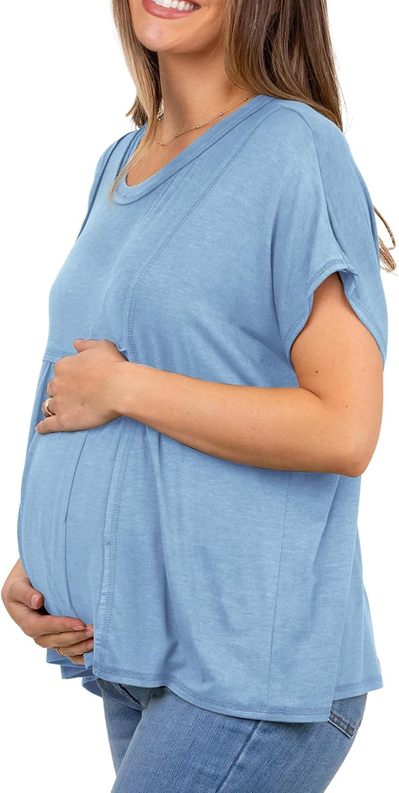 Tankaneo Womens Maternity Tops Summer Batwing Short Sleeve Casual T Shirts Oversized Pleated Pregnancy Clothes