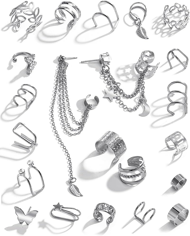 22Pcs Golden Ear Cuffs Earrings for Women Non Piercing Lightweight, Adjustable Hypoallergenic Fake Clip on Cartilage Butterfly Chain Twist Helix Leaf Wrap Earrings Set, Trendy Jewelry