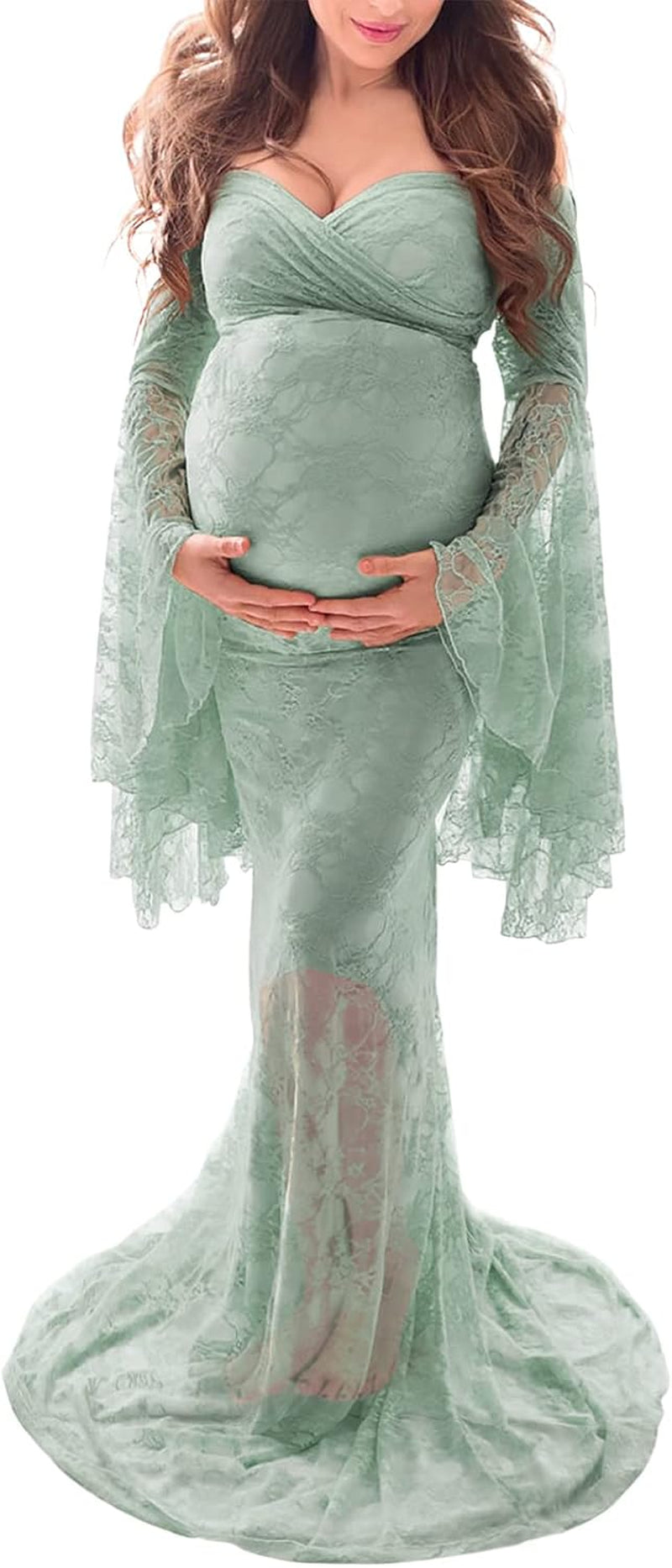 Saslax off Shoulder Lace Maternity Dress for Photography Maxi Maternity Props Dresses for Photo Shoot Baby Shower