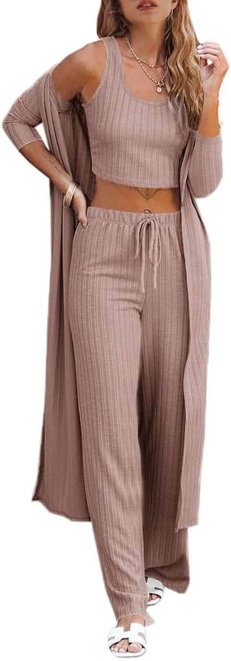 Fessceruna Womens 3 Piece Lounge Sets Pajamas Knit Long Sleeve Cardigan Crop Top Wide Leg Pants Loungewear Set