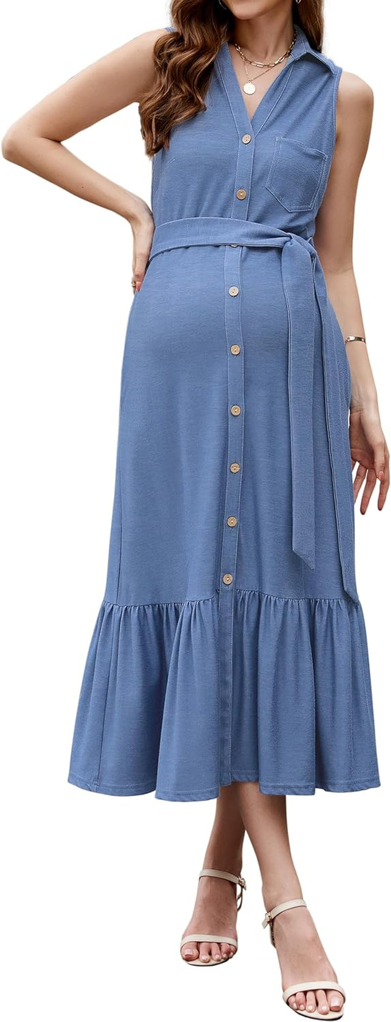 OUGES Womens 2025 Spring Maternity Dress Polo V Neck Sleeveless Ruffle Button Pregnancy Casual Work Dress with Pockets
