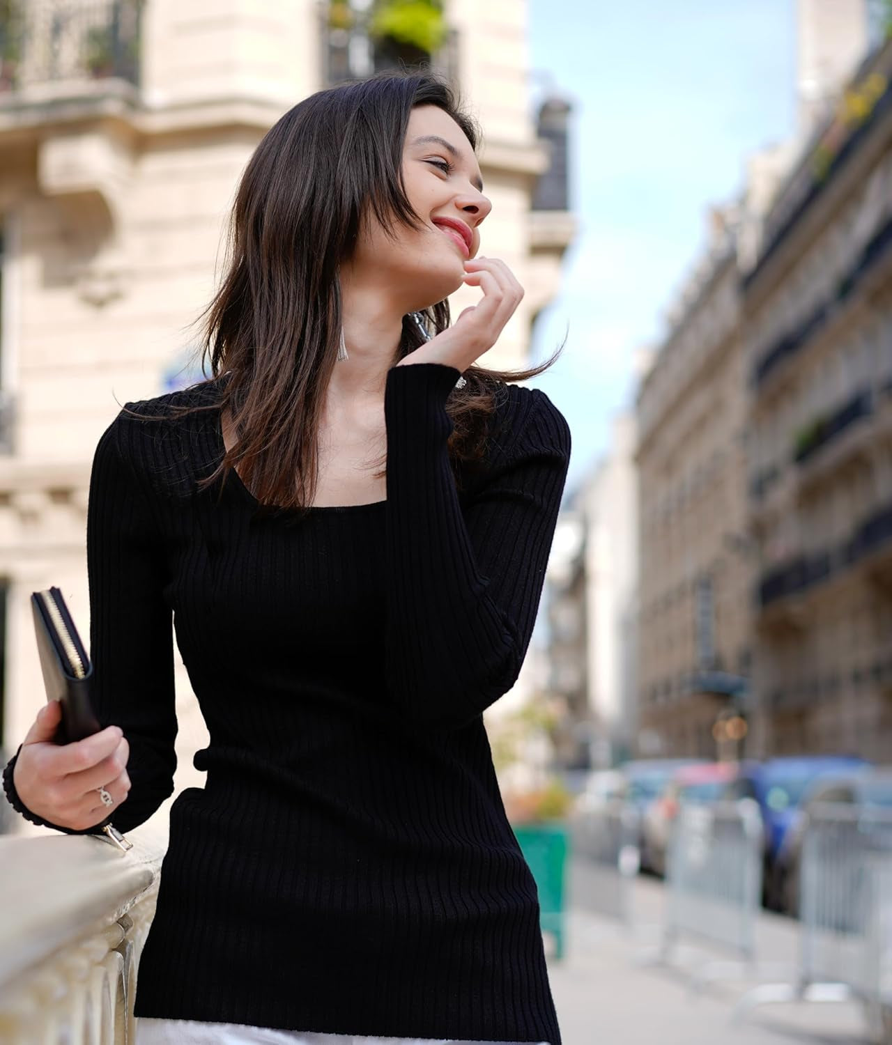 V28 Women Scoop Neck U-Neck Knit Long Sleeve Slim Fit Ribbed Sweater Tops