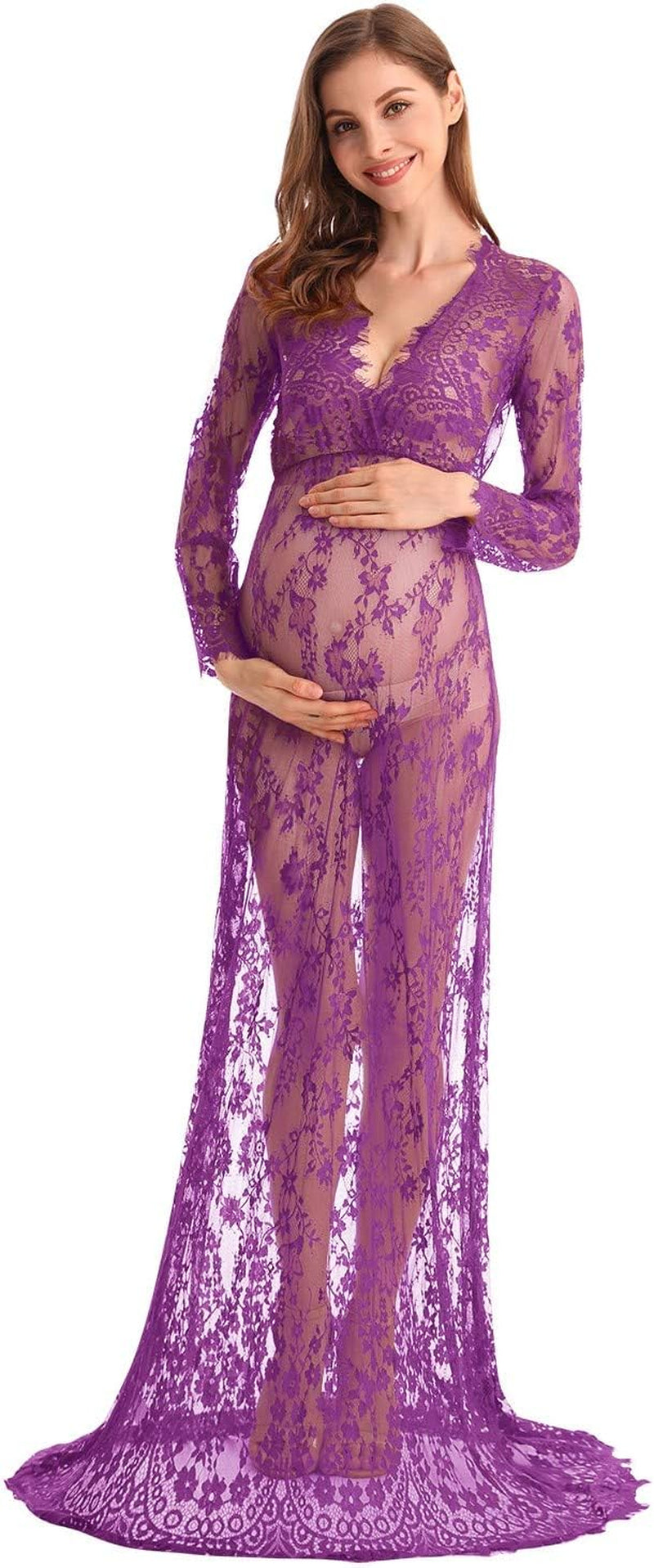 MYRISAM Boudoir Maternity Long Sleeve Lace Dress Women Deep V-Neck Wedding Party Long Dress Milk Bath Photoshoot Gown