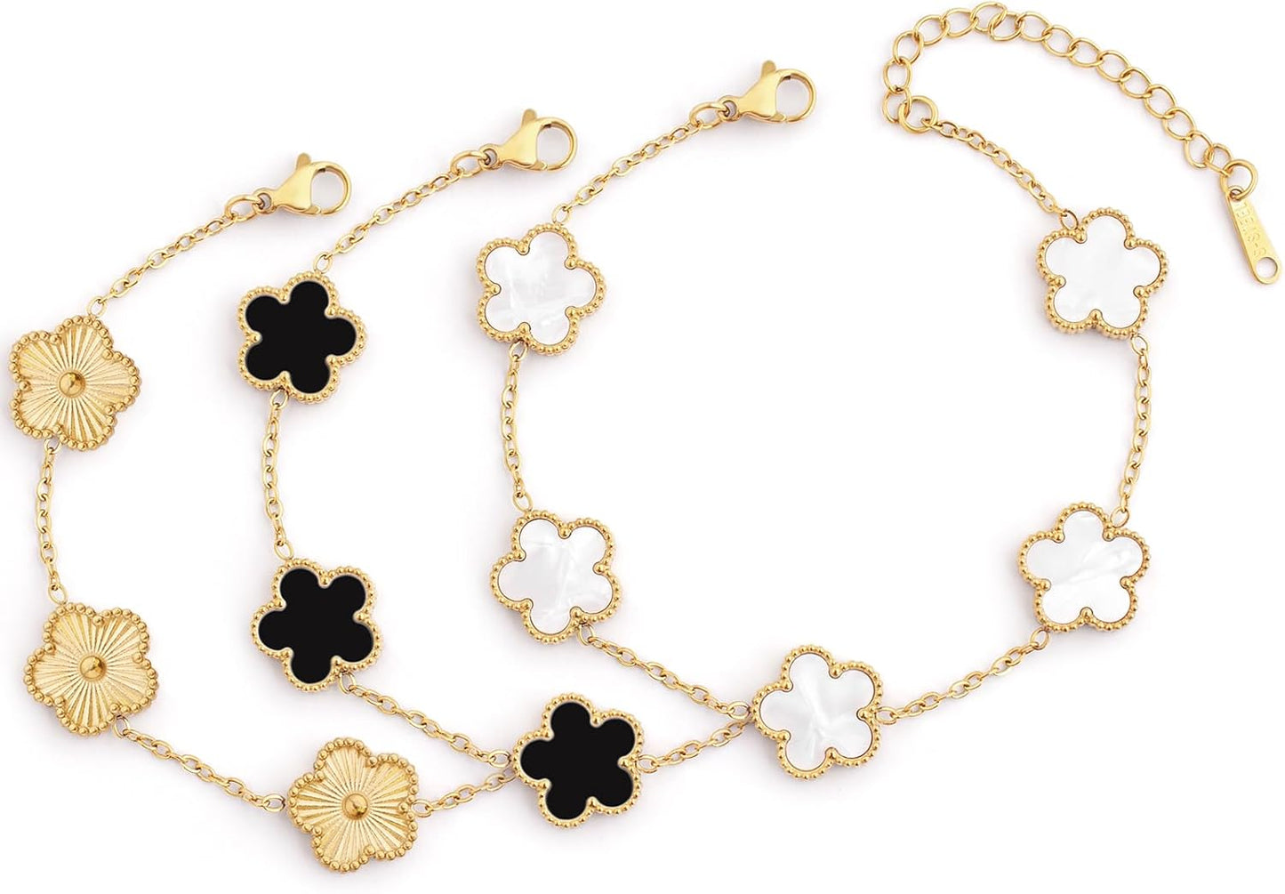 18K Silver/Gold Bracelets Set for Women (Skin-Friendly&Fade-Resistant) Four Leaf Clover Trendy Lucky Bracelet (Double Sided) Silver/Gold Jewelry Set for Women Birthdays Holidays Gifts 3Pcs