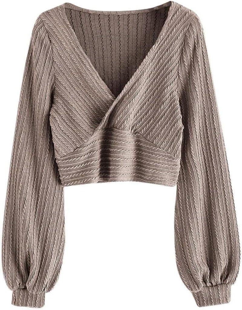 ZAFUL Women'S Pullover Ribbed Cropped Knitwear Drawstring Ruched Knitted Crop Top Solid V-Neck Long Sleeve T-Shirt