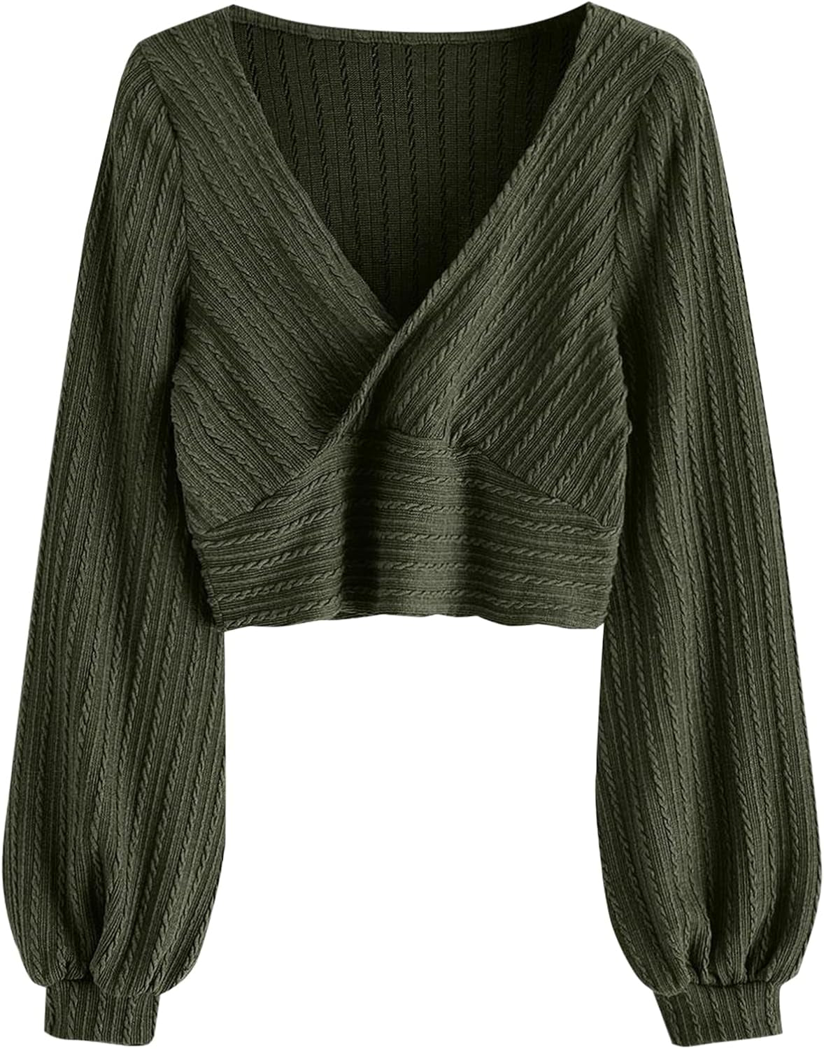 ZAFUL Women'S Pullover Ribbed Cropped Knitwear Drawstring Ruched Knitted Crop Top Solid V-Neck Long Sleeve T-Shirt