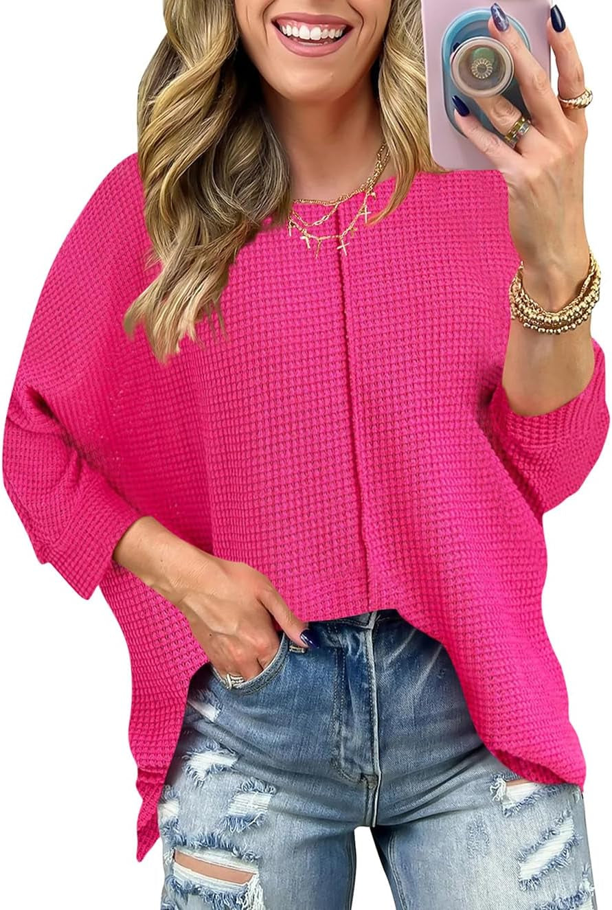 Poetsky Womens 2025 Spring 3/4 Sleeve Crewneck Waffle Knit Shirt Loose Casual Side Split Tunic Tops