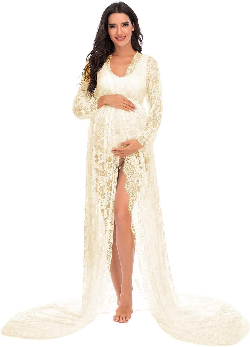 ZIUMUDY Maternity Deep V-Neck Split Front See-Through Maxi Lace Dress for Photography with Long Sleeve