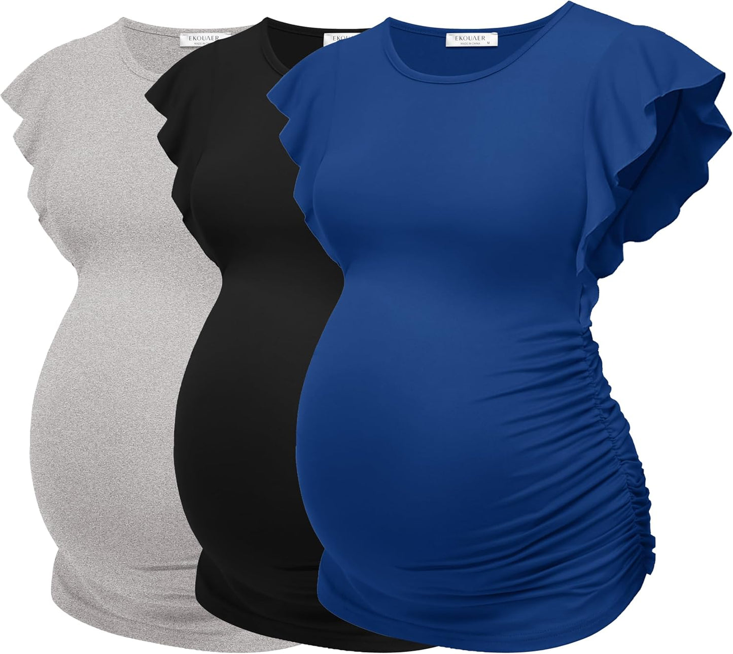 Ekouaer Women'S Maternity Shirts 3 Packs Flying Short Sleeve Pregnancy Tops Side Ruched Tunic Blouse Mama Clothes S-XXL