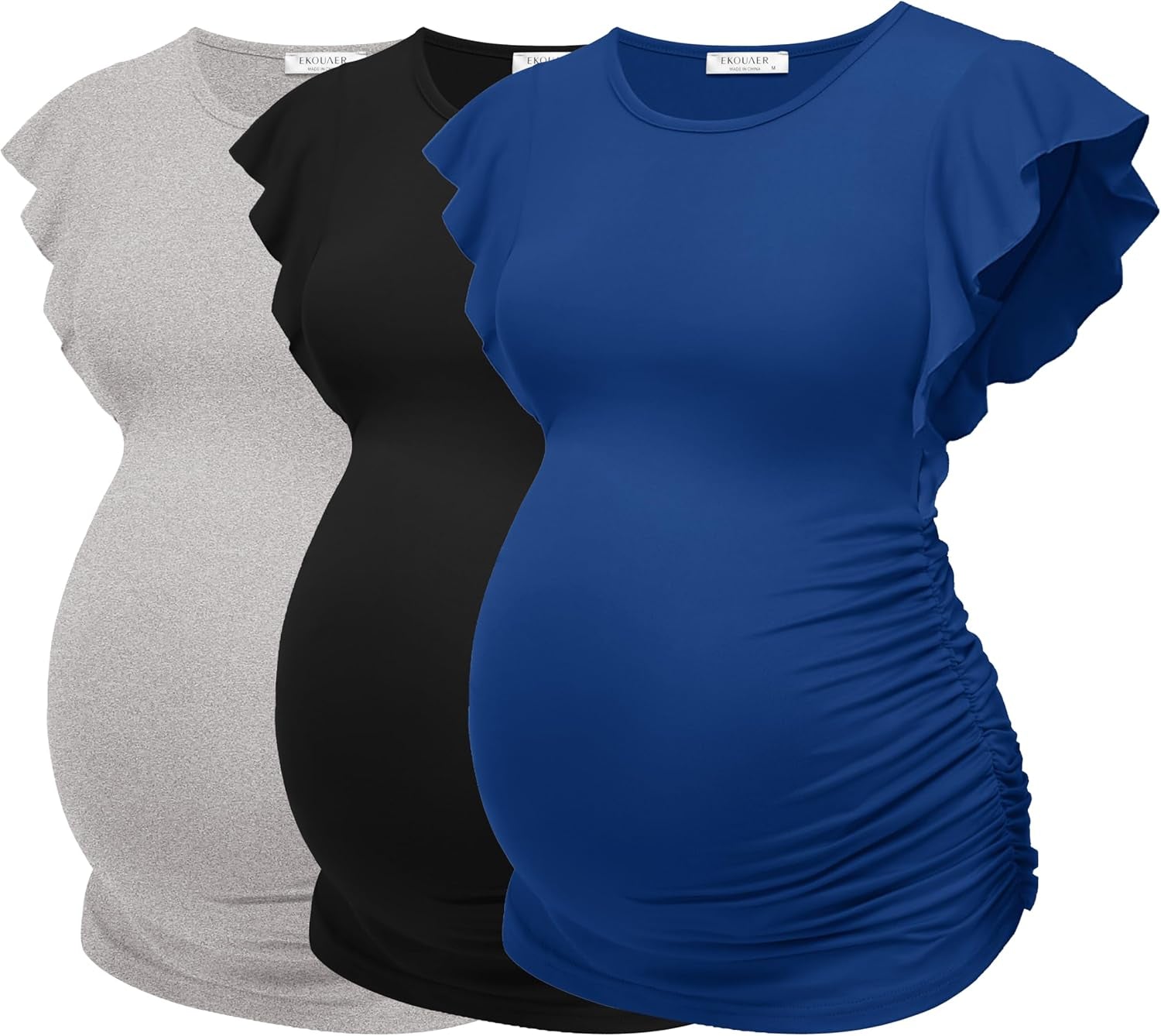 Ekouaer Women'S Maternity Shirts 3 Packs Flying Short Sleeve Pregnancy Tops Side Ruched Tunic Blouse Mama Clothes S-XXL