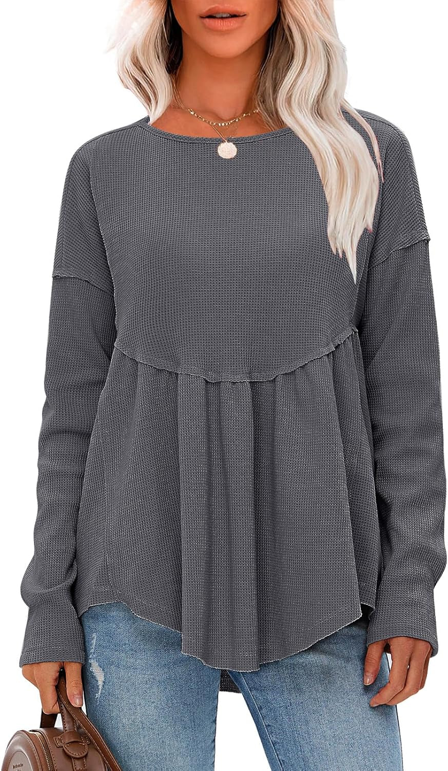 EXLURA Waffle Knit Long Sleeve Shirts for Womens Crewneck Loose Babydoll Tunic Tops Maternity Tops Fall Fashion 2025 Clothes