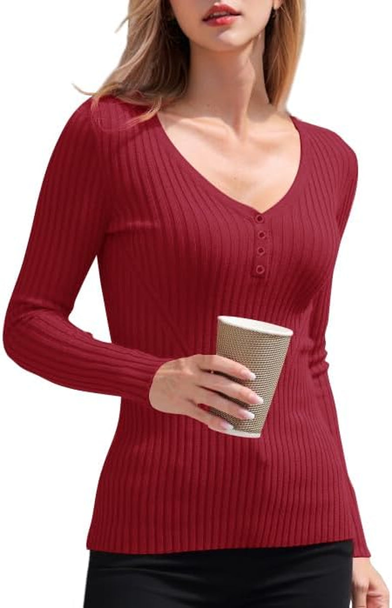 V28 Women Tops Long Sleeve V Neck Henley Button up Casual Sexy Slim Fit Ribbed Knit Knitwear Pullover Sweater