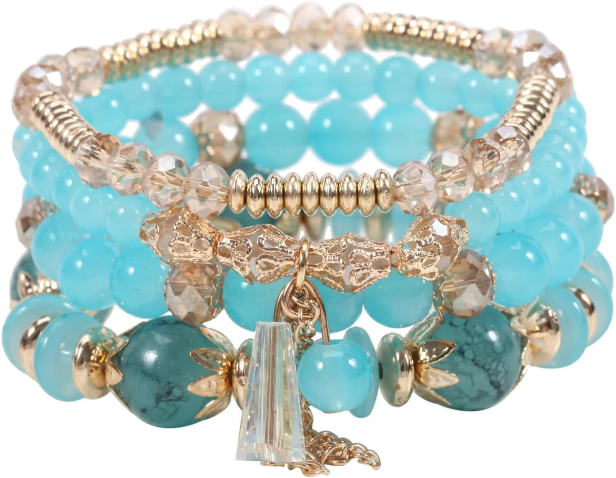 Bohemian Stackable Bracelets for Women Gold Beaded Stretch Charm Bracelets Set Crystal Elastic Multilayer Colorful Charm Bangles Bracelets Summer Beach Multicolor Statement Jewelry