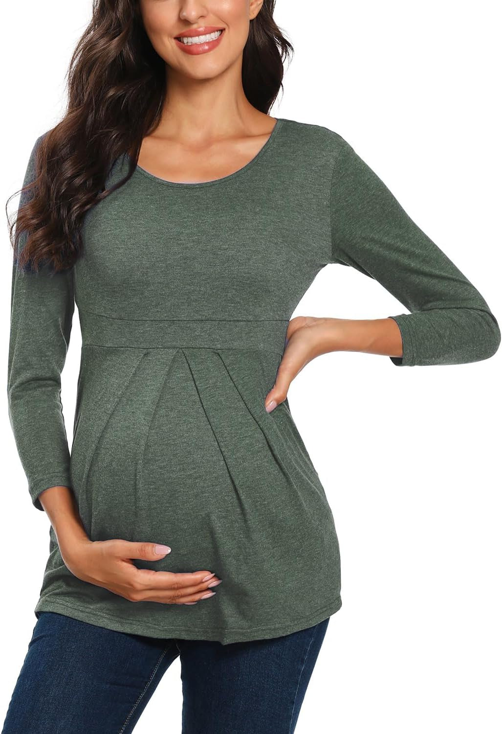 Glampunch Women'S Maternity Tops Short & 3/4 Sleeve round Neck Front Pleat Peplum Tunic Top Pregnancy Shirts