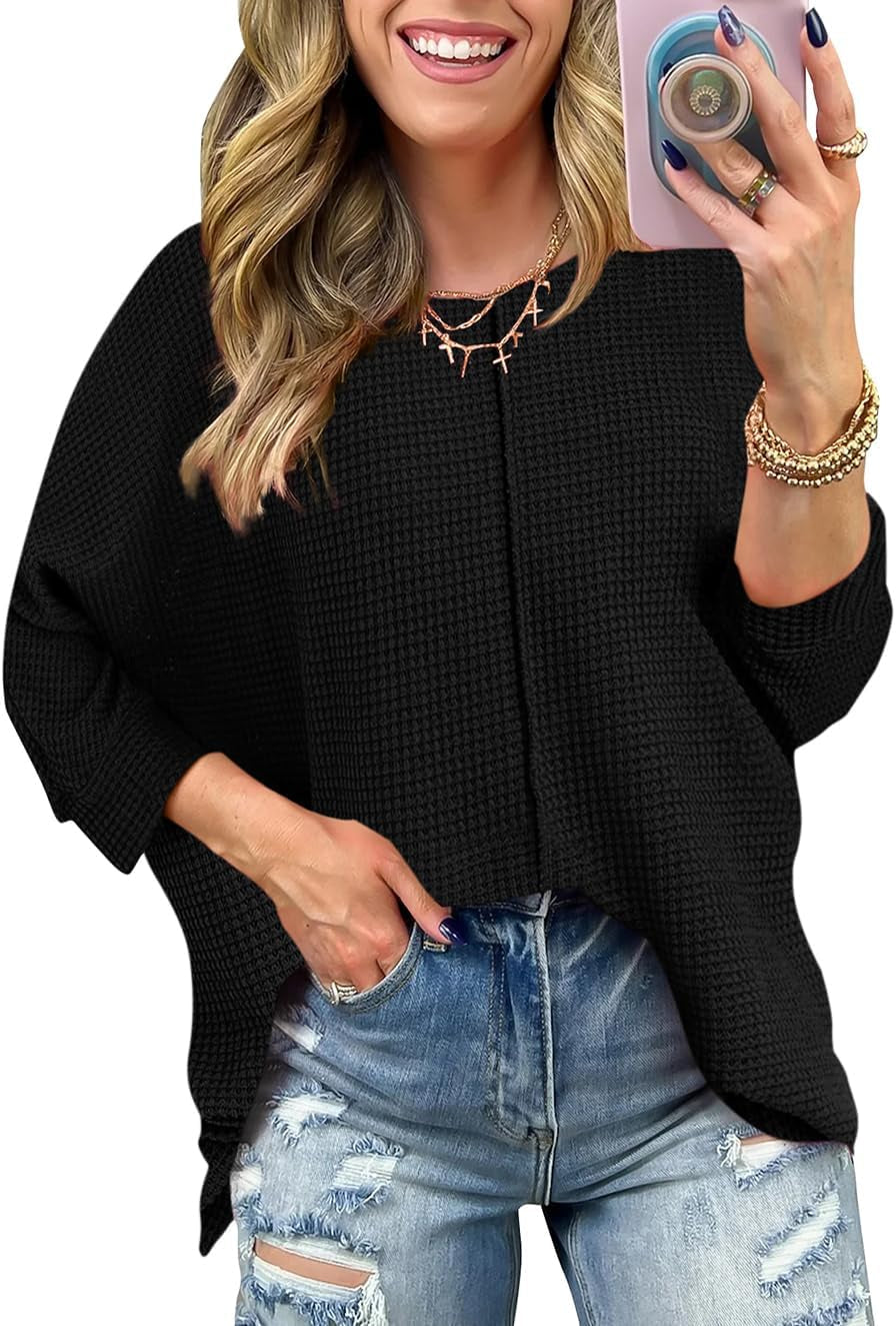Poetsky Womens 2025 Spring 3/4 Sleeve Crewneck Waffle Knit Shirt Loose Casual Side Split Tunic Tops