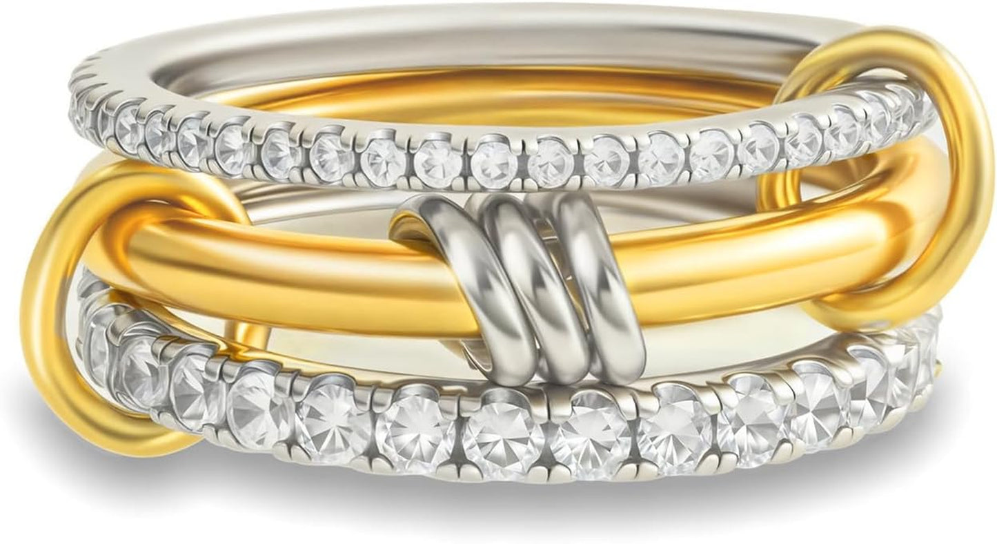 18K Gold Plated Stackable Rings for Women with Gift Box – Silver & Gold Multi-Link Connected Bands Set,Cubic Zirconia Mixed Metals Rings, Tarnish-Resistant Jewelry