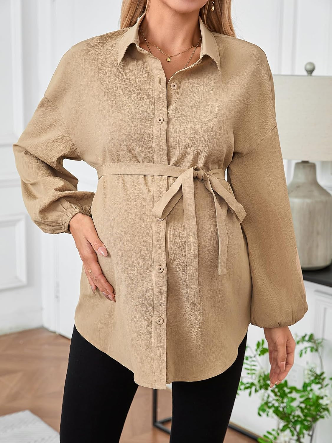 Makemechic Women'S Maternity Shirts Long Sleeve Belted Button down Casual Pregnancy Blouse Tops