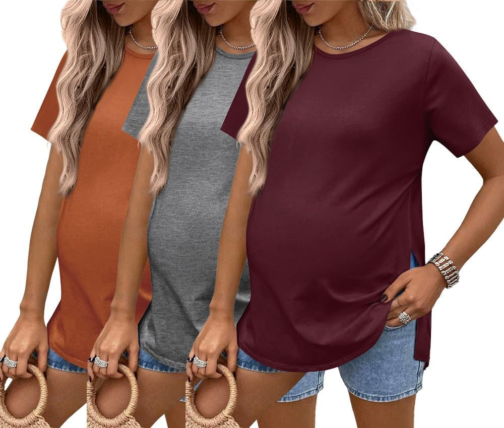 Ekouaer 3 Pack Maternity Shirts Short Sleeve Split Side Pregnancy Tops Casual Pregnant Tunic Blouse