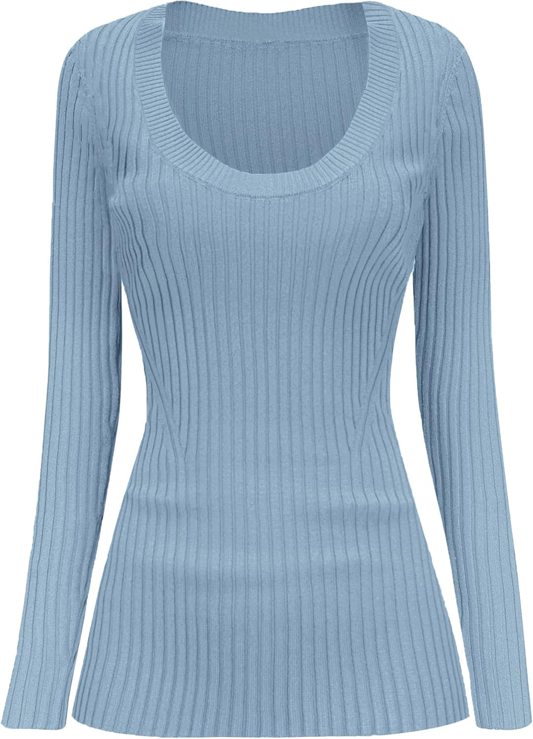 V28 Women Scoop Neck U-Neck Knit Long Sleeve Slim Fit Ribbed Sweater Tops