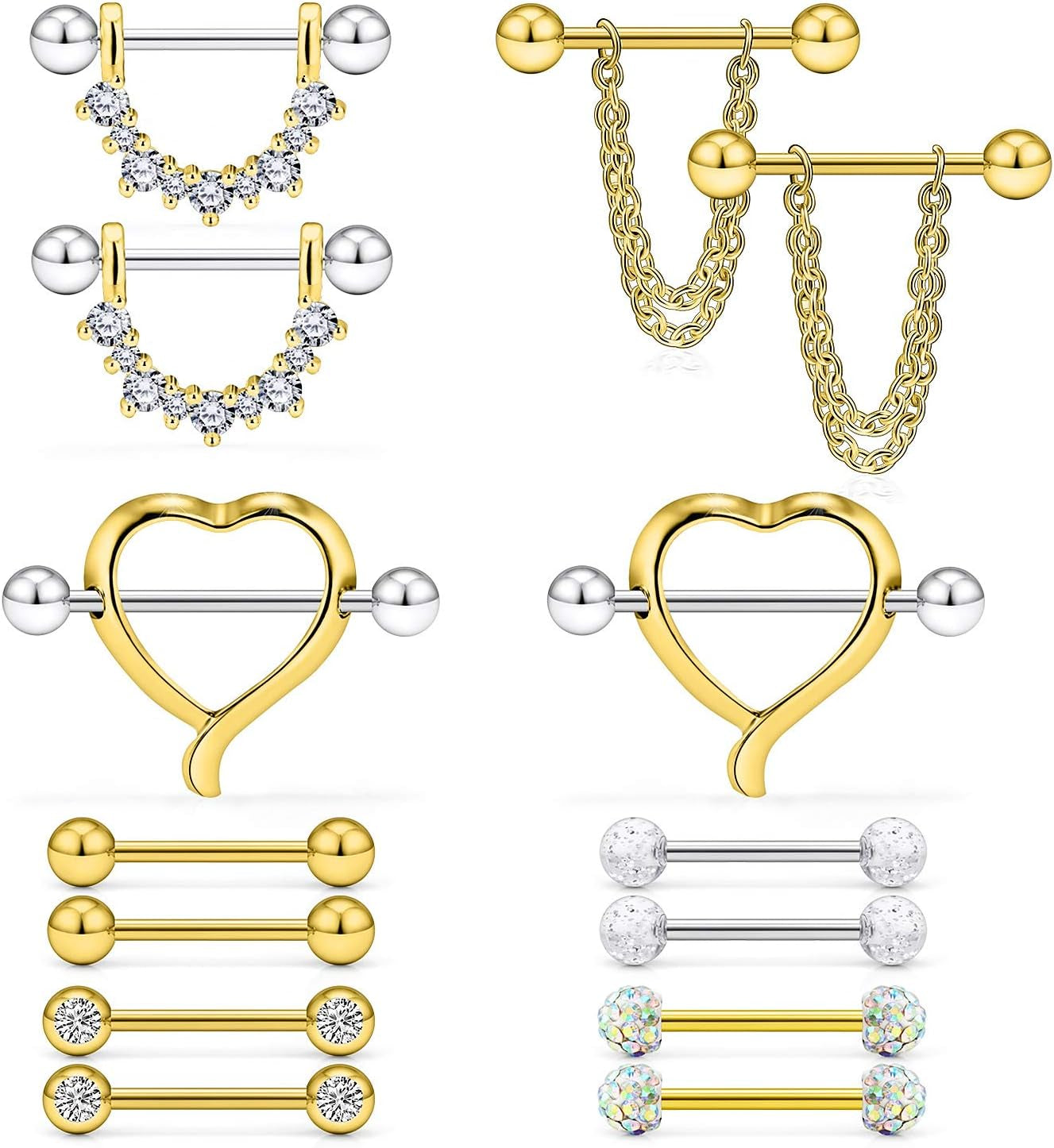 Ruifan 14G 9/16Inch Crystal Ball Nipple Tongue Shield Ring Barbell Body Piercing Jewelry Retainer 8-14PCS