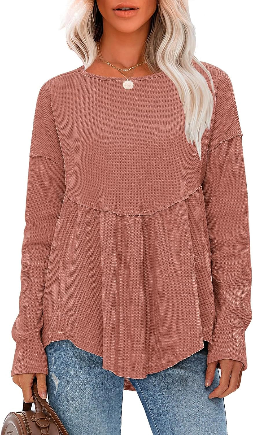 EXLURA Waffle Knit Long Sleeve Shirts for Womens Crewneck Loose Babydoll Tunic Tops Maternity Tops Fall Fashion 2025 Clothes