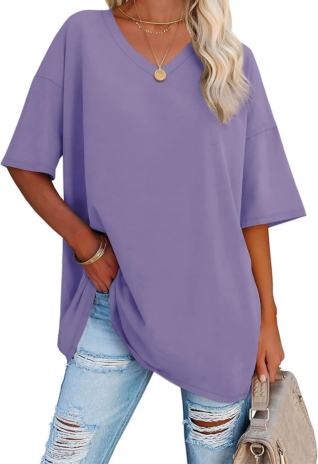ATHMILE Womens Summer Oversized Shirts V Neck Business Casual Workout Tops Beach Vacation 2025 Gym Clothes