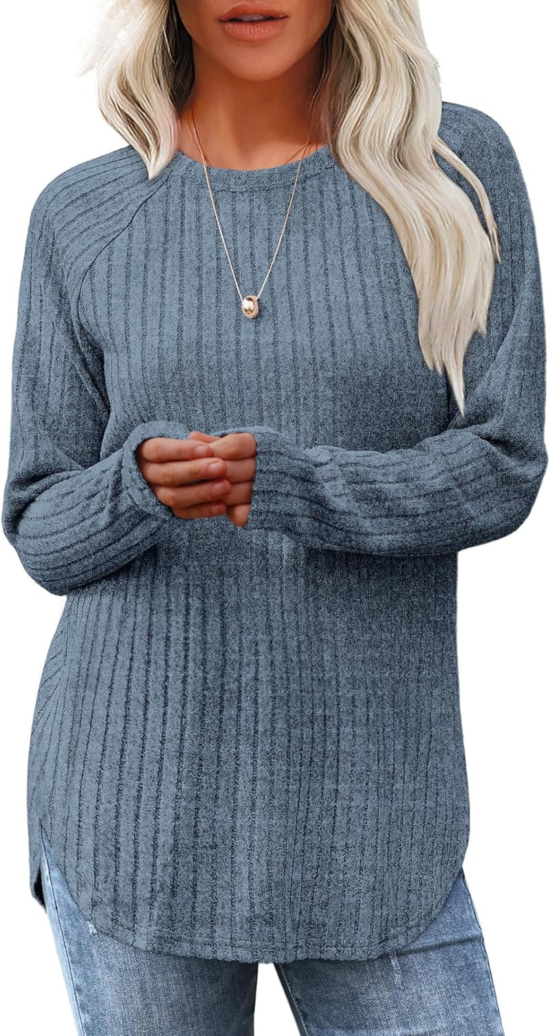Saloogoe Long Sleeve Shirts for Women Tunic Tops for Women Loose Fit Dressy Crew Neck Pullover Basic Sweaters for Women 2024