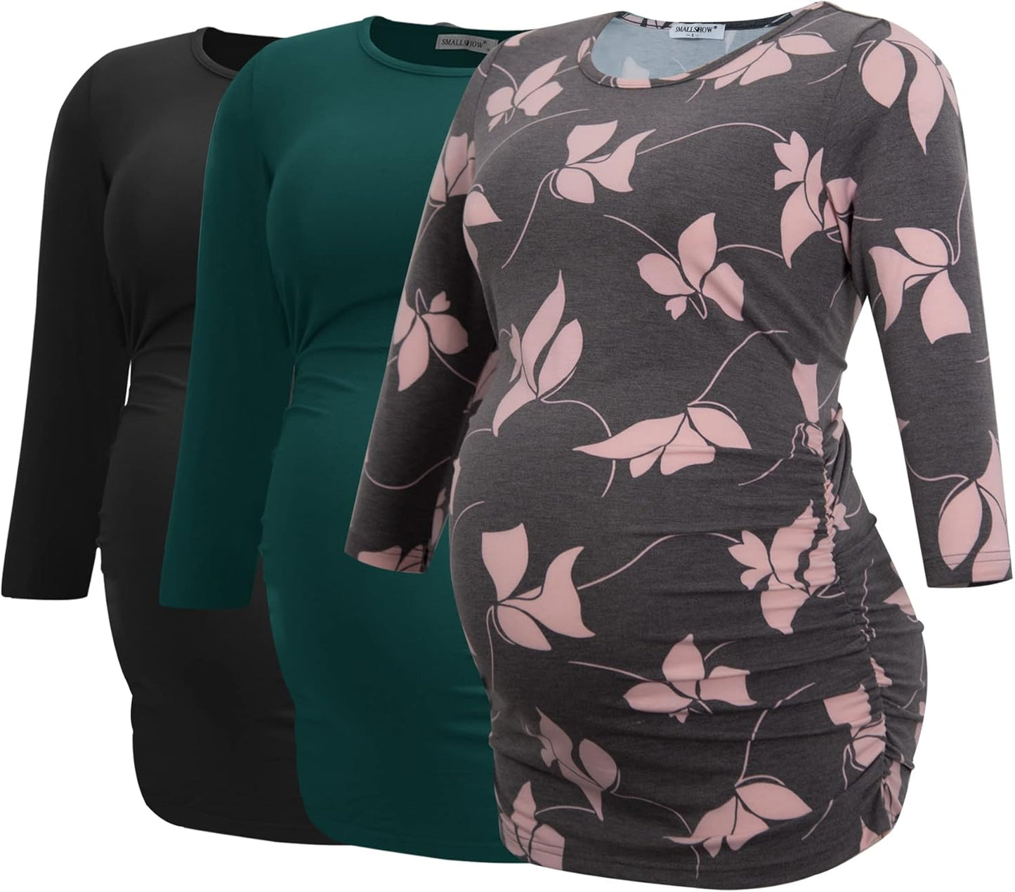 Smallshow Women'S Maternity Tunic Tops Clothes 3/4 Sleeve Ruched Pregnancy Shirt