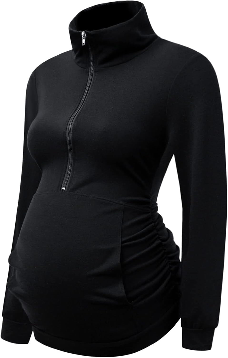 DEBELLY Maternity Shirt with Pocket Women'S Lapel Top Casual Pregnancy Long Sleeve Zipper Sweatshirt