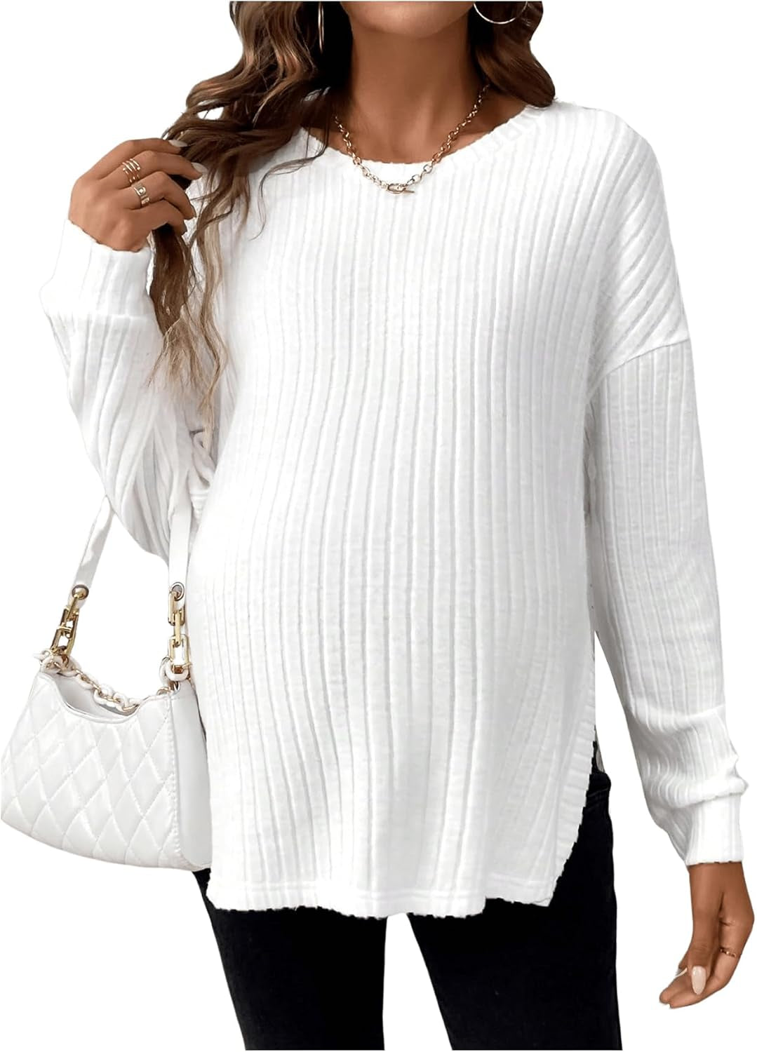 Makemechic Women'S Maternity Tee Shirt Long Sleeve round Neck Split Hem Rib Knitted Pregnancy Tops