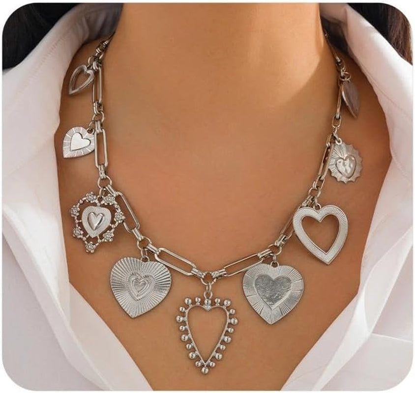 YOOESTORES82 Chunky Heart Pendant Charm Statement Necklace Gold Tone Layered Link Chain Necklaces for Women Romantic Trendy Jewelry Party Gift Glamorous Versatile