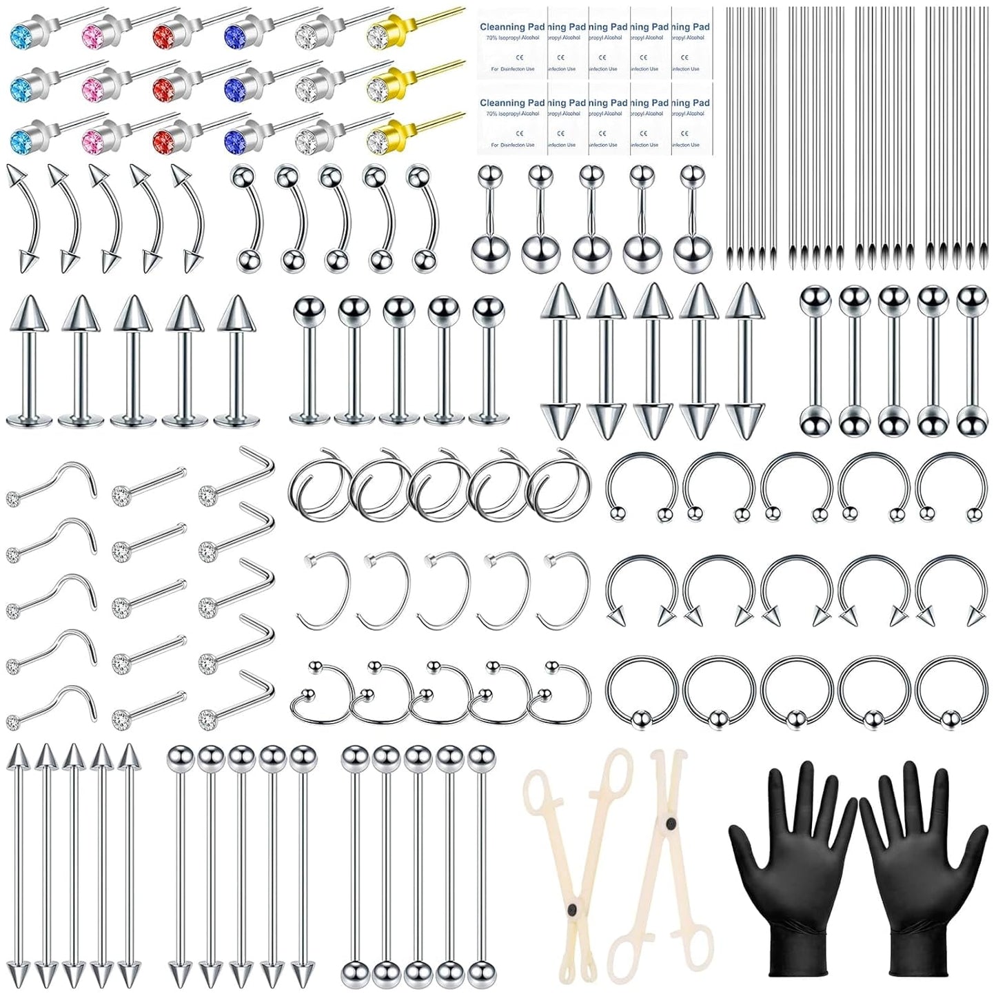 104PCS Body Septum Piercing Kit with 14G/16G/20G Piercing Needles Piercing Jewelry and Tool Set for Ear Nose Belly Button Nipple Lip Cartilage Eyebrow Tongue Navel Piercing Kit for All Piercings