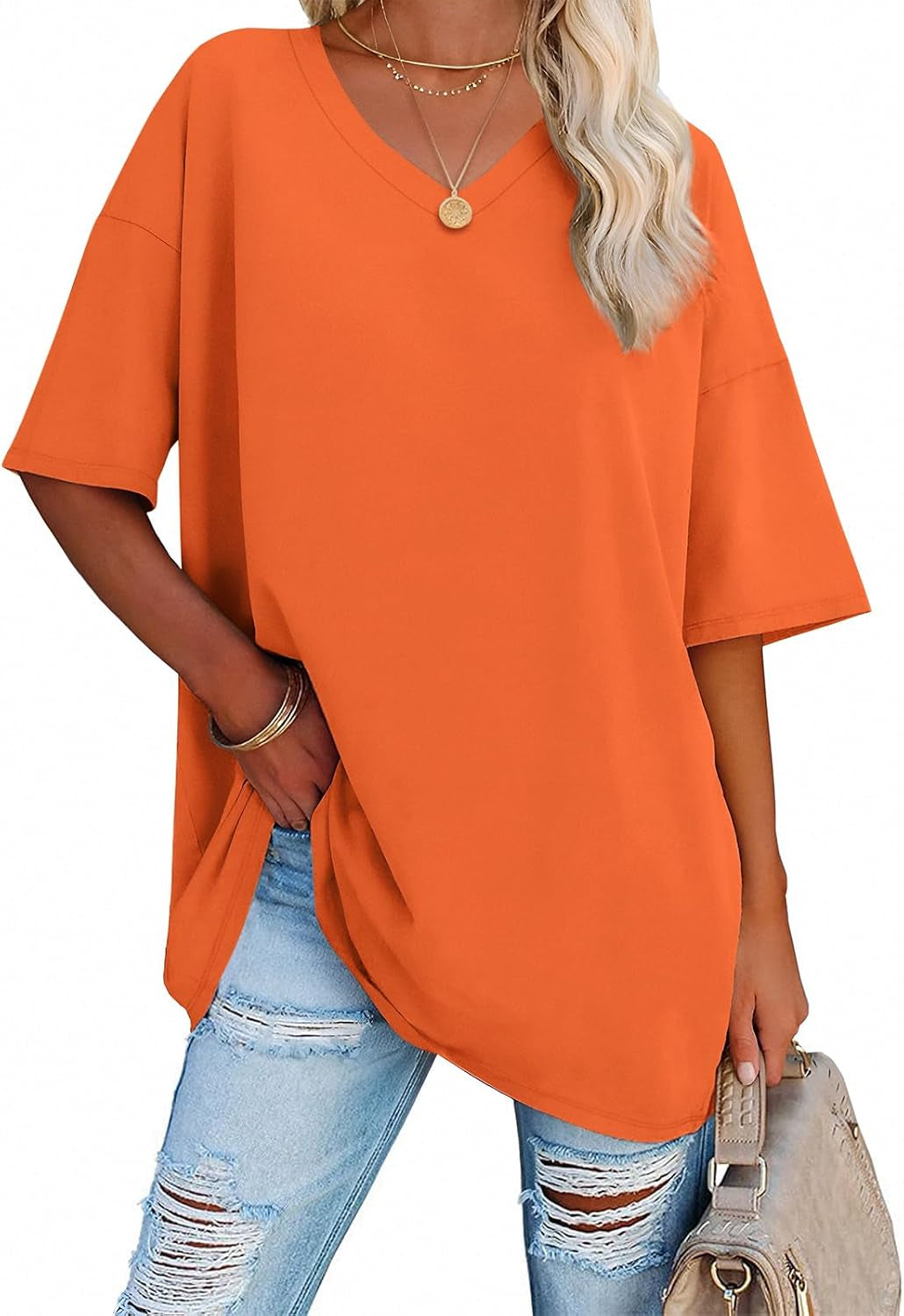 ATHMILE Womens Summer Oversized Shirts V Neck Business Casual Workout Tops Beach Vacation 2025 Gym Clothes
