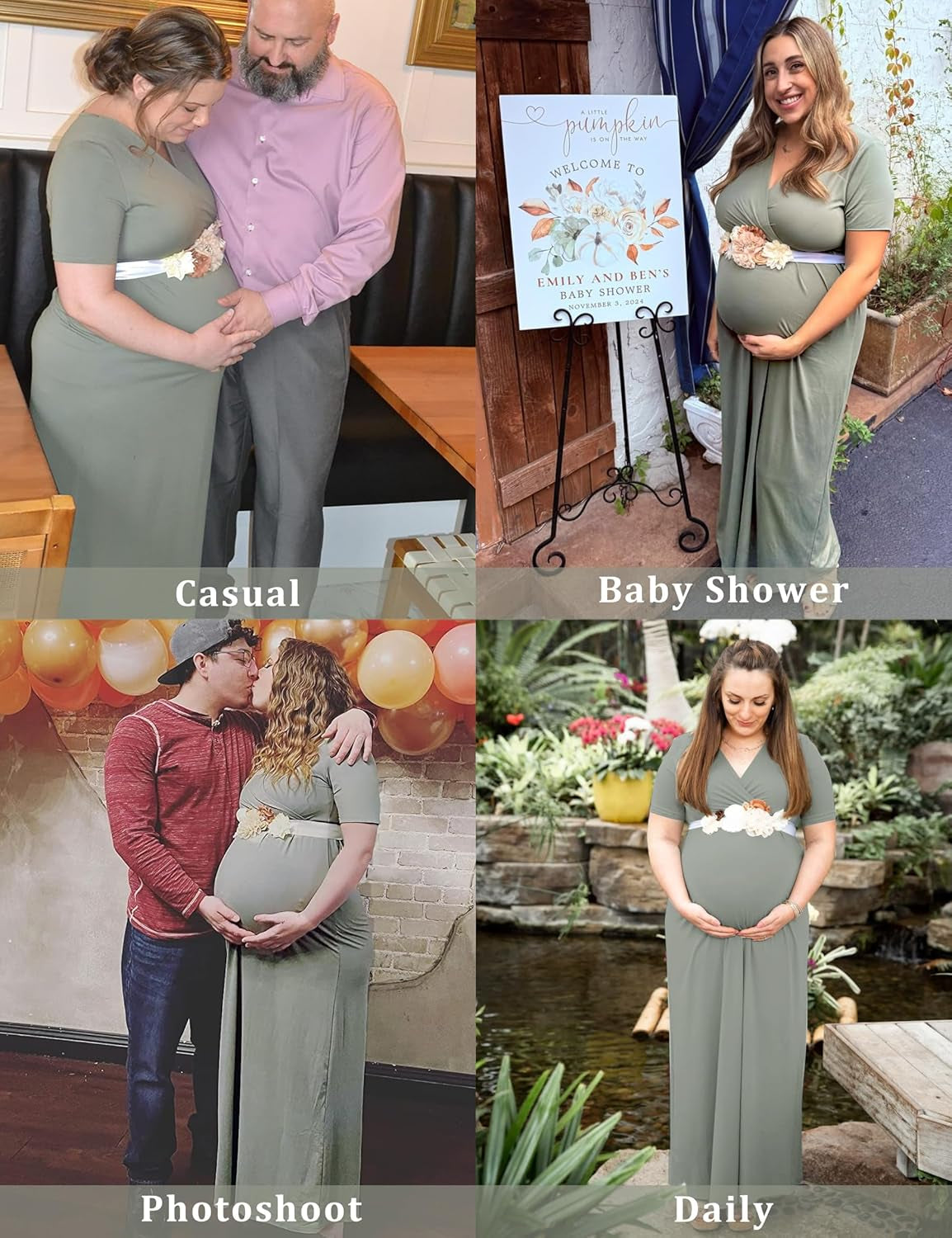 KIM S Maternity Maxi Dress with Flower Sash(S-3Xl)/Wrapped Ruched V Neck Photoshoot Baby Shower Dresses