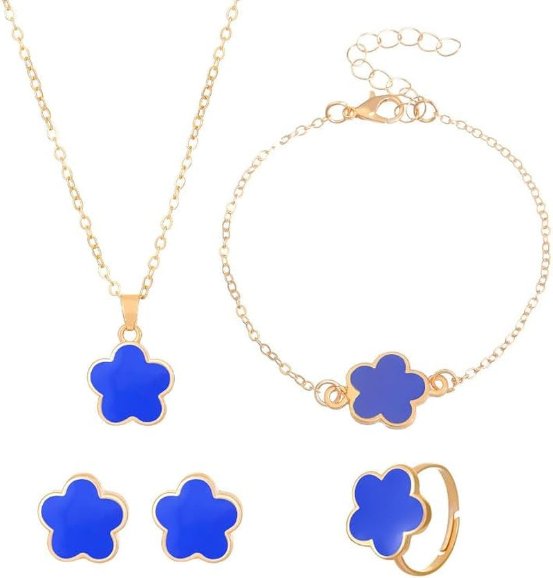 Caiyao Multicolor Five-Leaf Clover Blossom Flower Earrings Necklace Bracelet and Ring Set Lucky Five-Leaf Blossom Flower Jewelry Set for Women