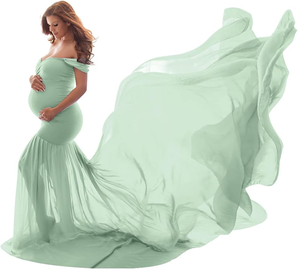 Women Maternity Dress for Photography Mermaid off Shoulder Slim Fitted Chiffon Gown Flowy Baby Shower Maxi Photo Props Dress
