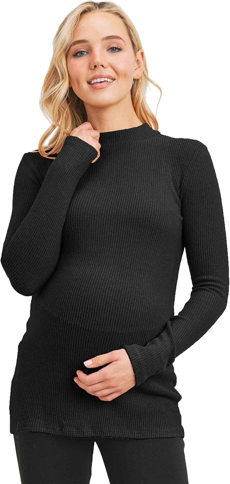 Women'S Knit Ribbed Maternity Top with Mock Neck Long Sleeve