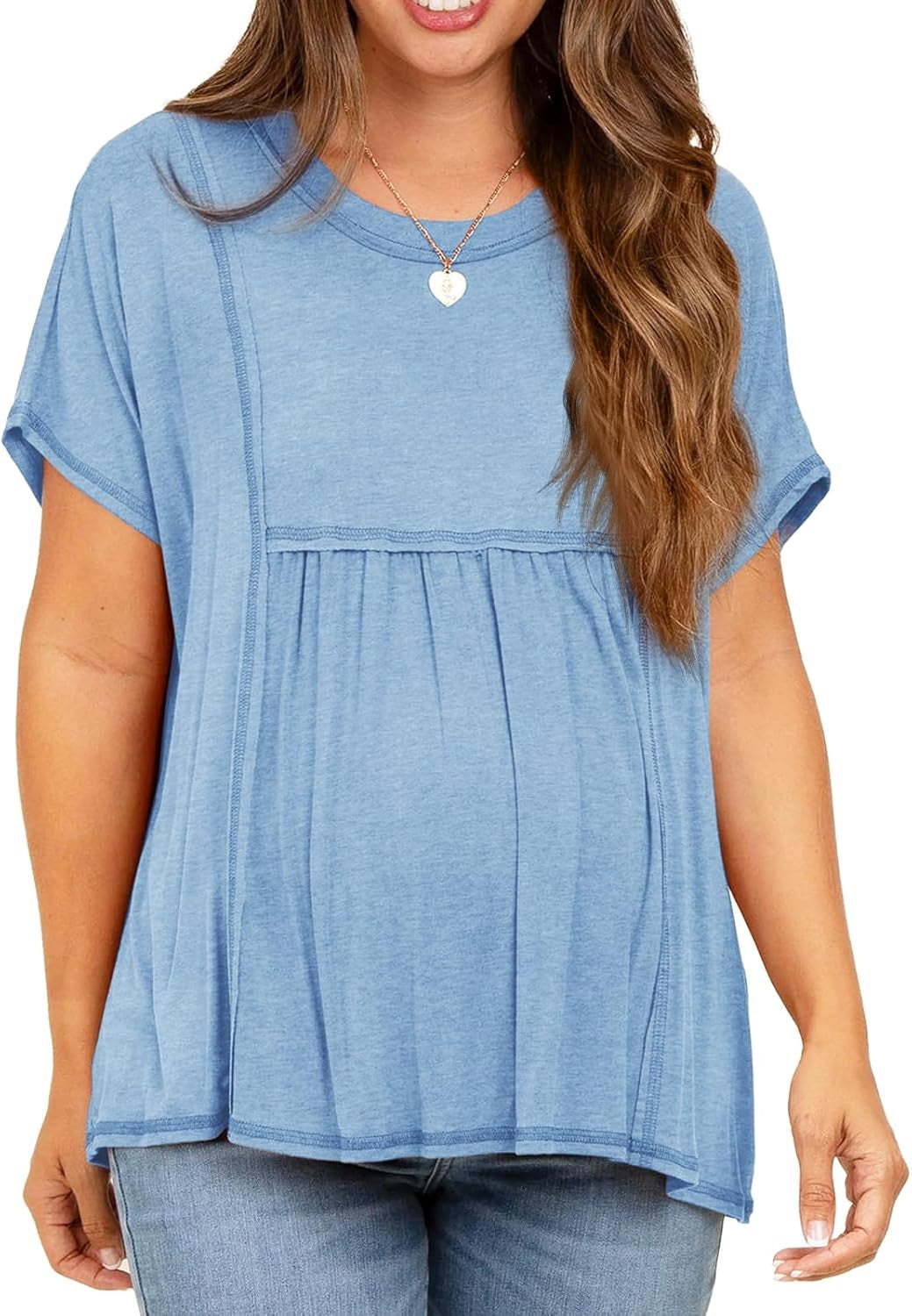 Tankaneo Womens Maternity Tops Summer Batwing Short Sleeve Casual T Shirts Oversized Pleated Pregnancy Clothes