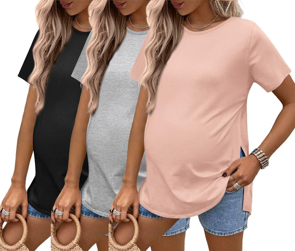 Ekouaer 3 Pack Maternity Shirts Short Sleeve Split Side Pregnancy Tops Casual Pregnant Tunic Blouse