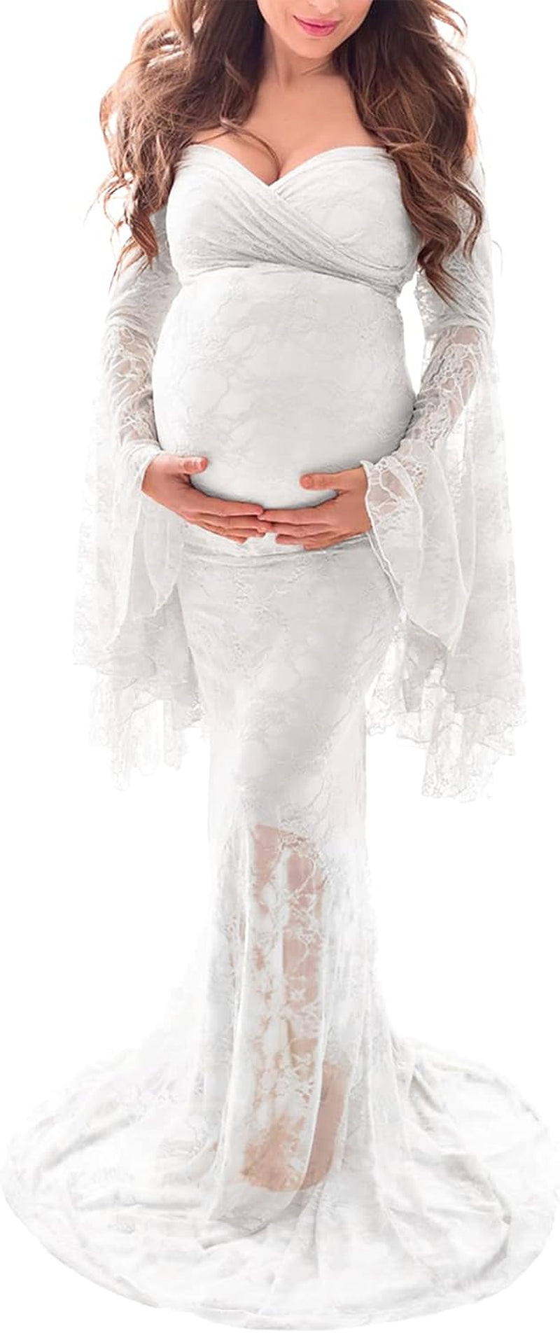 Saslax off Shoulder Lace Maternity Dress for Photography Maxi Maternity Props Dresses for Photo Shoot Baby Shower