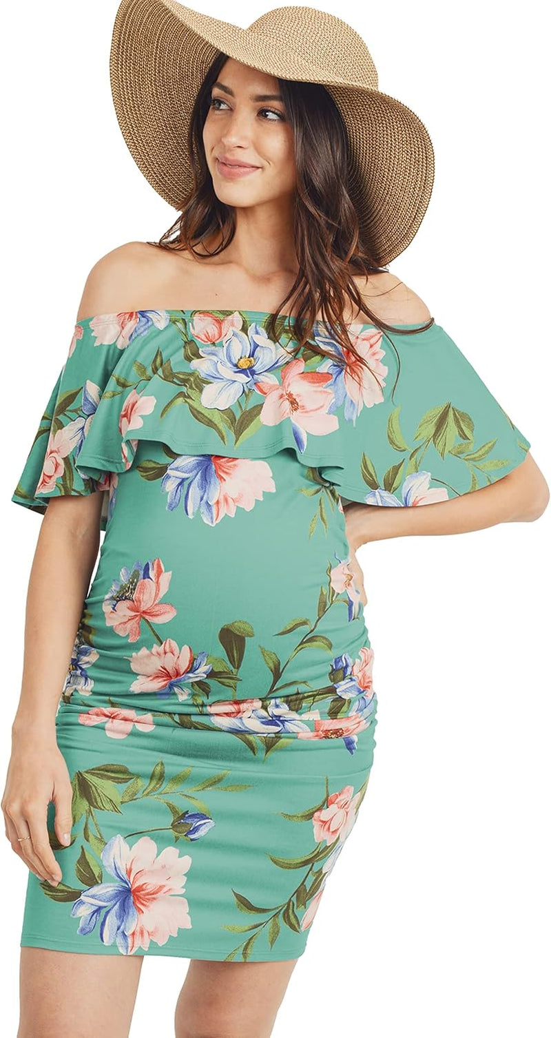 Hello MIZ Women'S Floral Ruffle off Shoulder Maternity Dress - Made in USA