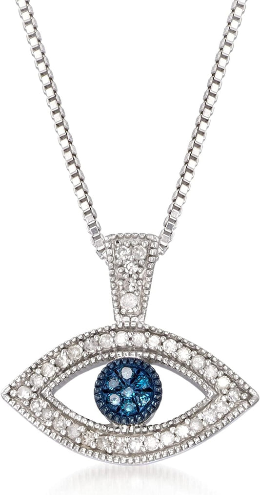 0.10 Ct. T.W. Blue and White Diamond Evil Eye Pendant Necklace in Sterling Silver 18.0 Inches