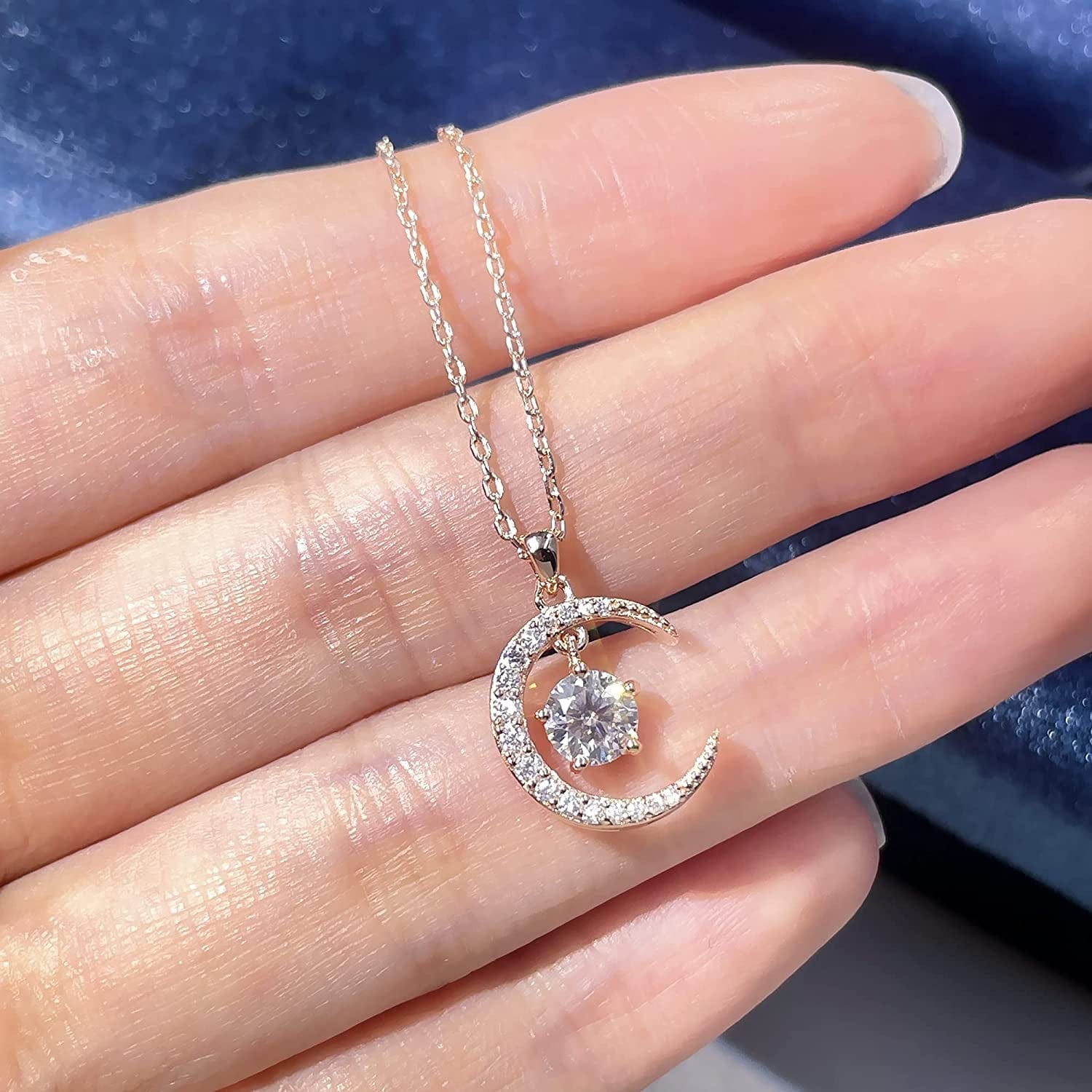 0.5 Carat Moissanite Necklace Moon and Star Pendant 925 Sterling Silver Rose Gold Plated DEF Color VVS Clarity round Heart Arrows Cut Moissanite Diamond Necklace 16+2 Inches Chain for Women White / Star and Moon 0.5ct