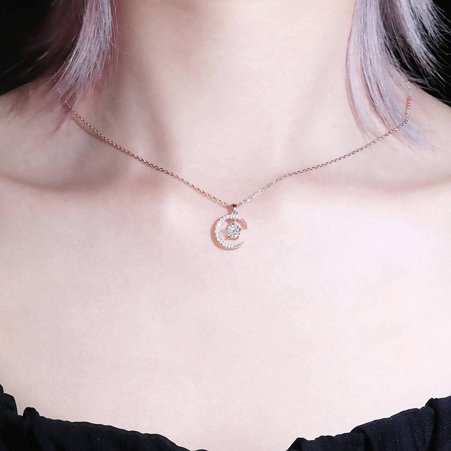 0.5 Carat Moissanite Necklace Moon and Star Pendant 925 Sterling Silver Rose Gold Plated DEF Color VVS Clarity round Heart Arrows Cut Moissanite Diamond Necklace 16+2 Inches Chain for Women White / Star and Moon 0.5ct