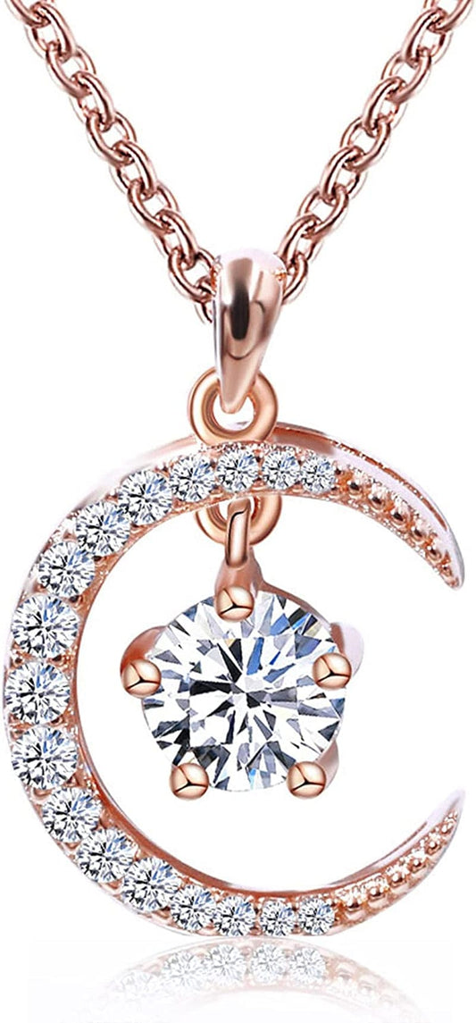 0.5 Carat Moissanite Necklace Moon and Star Pendant 925 Sterling Silver Rose Gold Plated DEF Color VVS Clarity round Heart Arrows Cut Moissanite Diamond Necklace 16+2 Inches Chain for Women White / Star and Moon 0.5ct