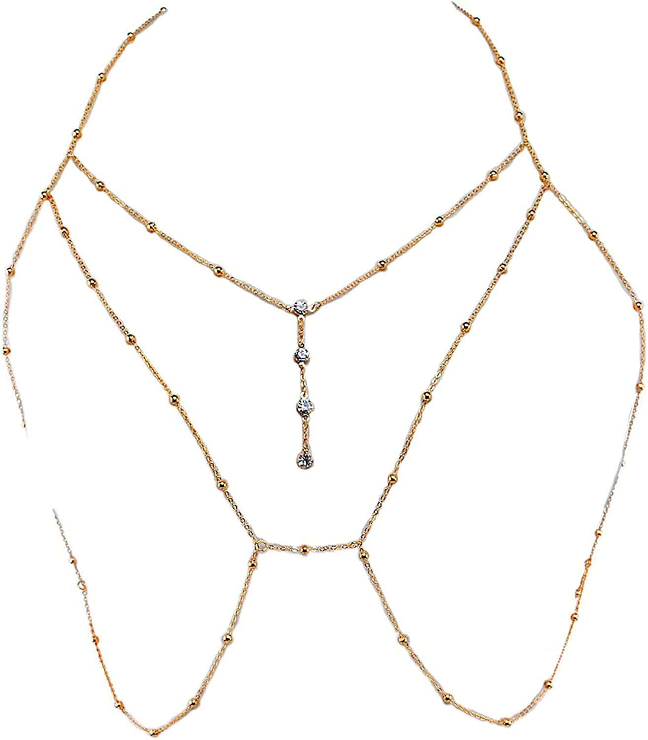 Sexy Rhinestone Bead Tassel Bikini Bra Body Chain for Women Girl Teen Exaggerated 14K Gold Silver Plated Seed Necklace Adjustable Summer Beach Body Jewelry Apparel & Accessories > Jewelry > Body Jewelry Caiyao C gold-2