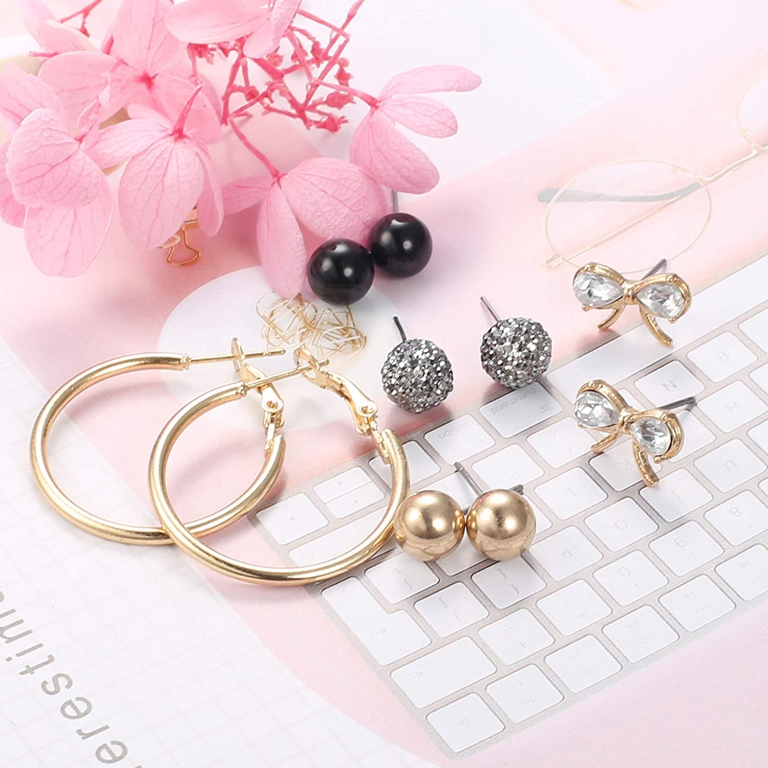 Thunaraz 81Pairs Small Stud Earrings Set for Women Men Triangle Circle Bar Star Moon Geometric Leaf Arrow Flower Bow CZ Ball Faux Pearl Hoop Dangle Earrings Set Apparel & Accessories > Jewelry > Earrings THUNARAZ