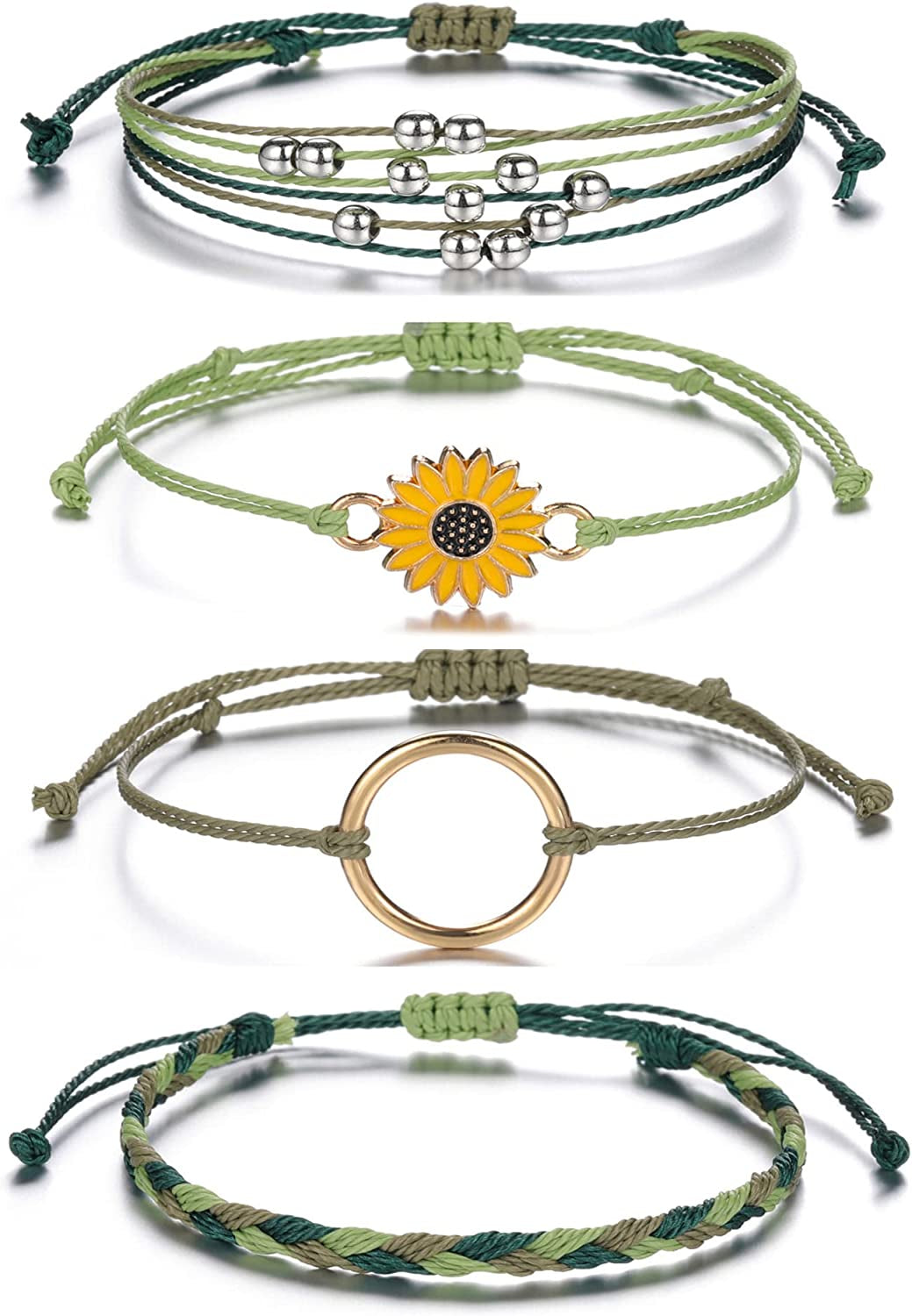 Top Plaza 4 Pcs Summer Surfer Wave Anklet Bracelets for Women Adjustable Strand Braided String Rope Bracelets Sunflower Friendship Bracelets Ocean Beach Jewelry for Women Teen Girls Apparel & Accessories > Jewelry > Anklets Top Plaza Atrovirens -4 Pcs