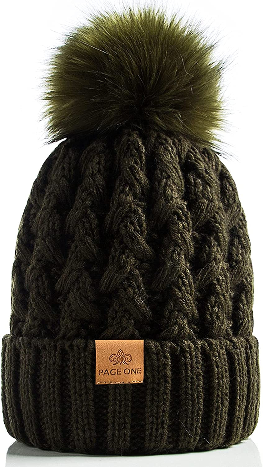 PAGE ONE Womens Winter Ribbed Beanie Crossed Cap Chunky Cable Knit Pompom Soft Warm Hat Apparel & Accessories > Clothing Accessories > Hats PAGE ONE Olive Green