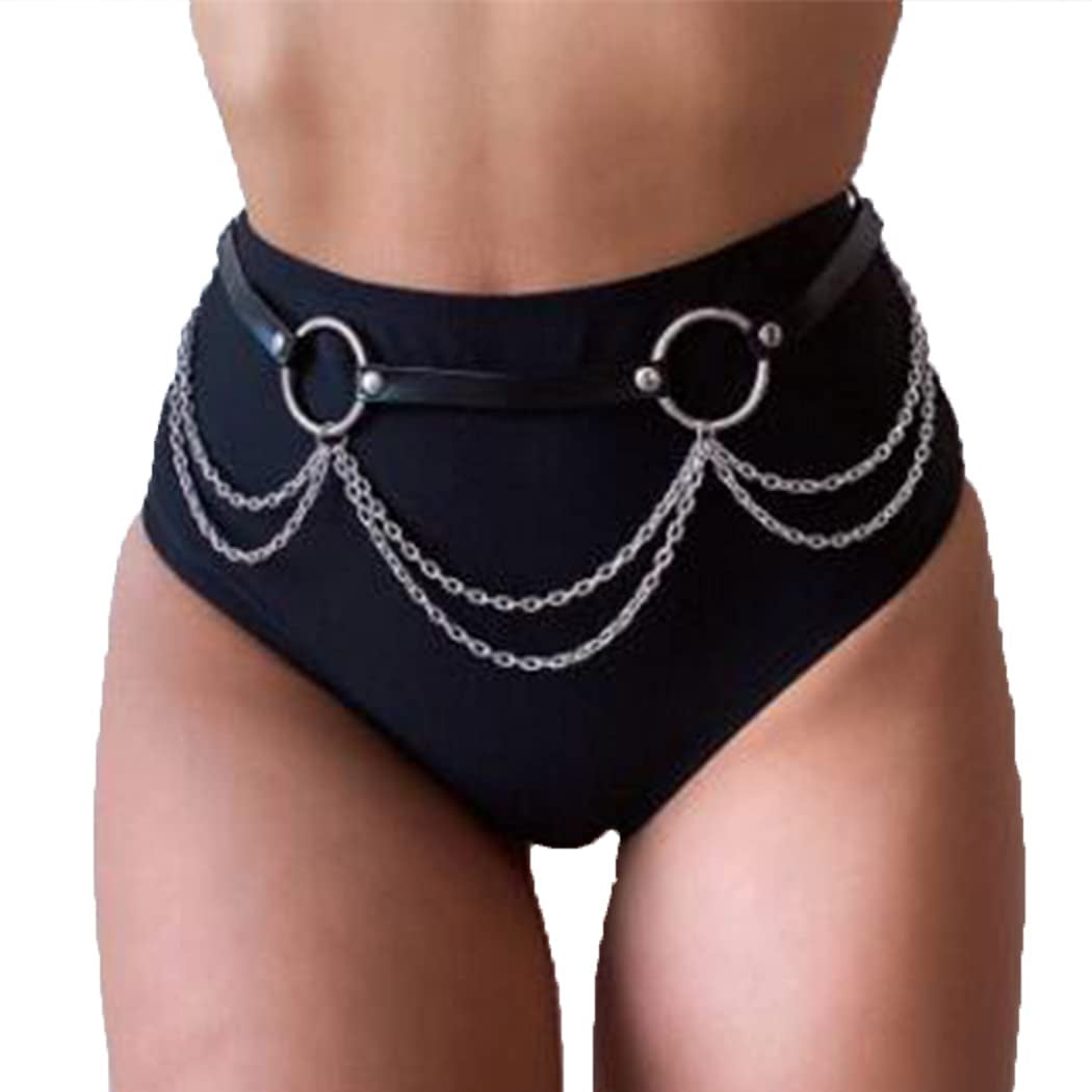 Asooll Punk Leather Waist Harness Chain Gothic Black Body Chain Belly Belt Chain Fashion Party Nightclub Body Accessories Jewelry for Women and Girls (Black1) Apparel & Accessories > Jewelry > Body Jewelry Asooll Black2